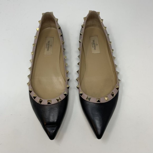 Valentino Shoes - Valentino Rockstud Leather Ballet Flats Sz 38.5 Black Beige Studded Italy US 8.5